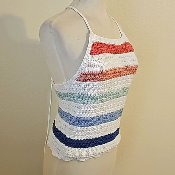 Hollister Knit Crochet Stripe Halter Cotton Tank Tied Back Size medium - Picture 2 of 9